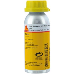 Sika Haftreiniger Aktivator-205, 250 ml Flasche mit gelbem Deckel.
