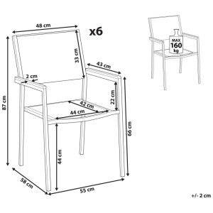 Dessin technique : Ensemble de chaises de jardin Beliani Grosseto, 6 pièces, acier inoxydable, dimensions et capacité de charge.