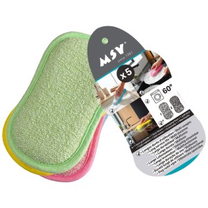 Cinq éponges MSV microfibres multicolores double face (grattante/douce). Lavables à 60°C. Idéales cuisine & salle de bain.