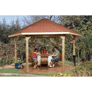 Gazebo da giardino Weka 656 Gr. 2 Set con tetto rosso e persone che mangiano in giardino.