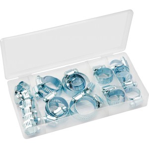 Set di fascette stringitubo da 26 pezzi in scatola assortita per collegamenti di tubi.