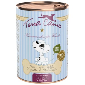 Terra Canis Welpen Nassfutter Rind, Dose mit Illustration eines Welpen und Zutaten.