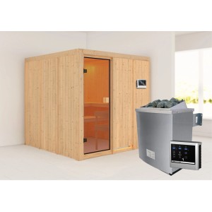 Sauna Karibu Oulu con stufa e porta in vetro bronzato. Sauna in legno massello per ore di relax.