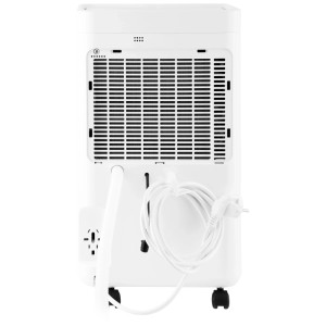 Vue arrière du déshumidificateur Emerio blanc 10 l avec roulettes, câble et tuyau d'évacuation.