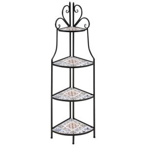 Scaffale angolare Favara in ferro nero verniciato a polvere con 4 ripiani e piastrelle ceramica vintage.