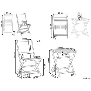 Schéma : Ensemble de mobilier de balcon 3 pièces Beliani Paraggi en bois d'acacia marron avec dimensions.