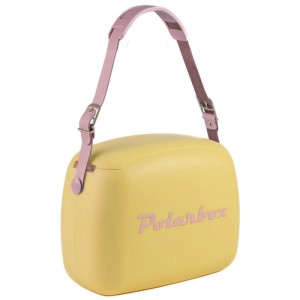 Gelbe Polarbox Kühlbox 6 l mit rosa Tragegurt und 2 Frischhaltedosen.