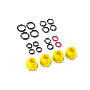 Kit de joints toriques de rechange Kärcher, 16 pièces, pour nettoyeurs haute pression : joints toriques (noirs, rouges) et bouchons de sécurité jaunes.