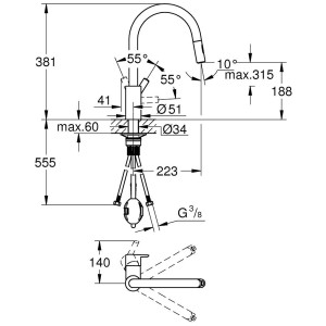 Disegno tecnico: Miscelatore cucina Grohe Feel con doccetta estraibile, dimensioni e dettagli.
