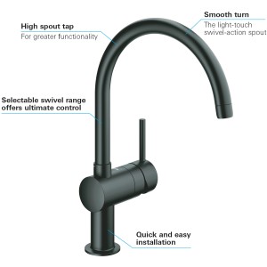 Miscelatore monocomando Grohe Minta nero velluto con bocca a C. Rubinetto da cucina.