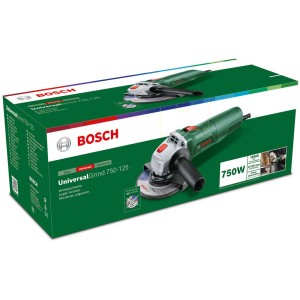 Meuleuse d'angle Bosch UniversalGrind 750-115 dans sa boîte, puissance 750 watts pour le bricolage.