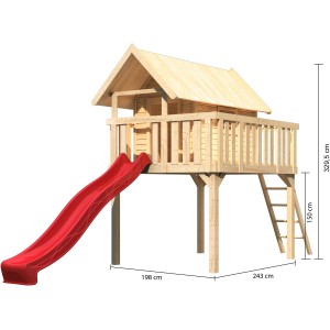 Karibu Maison sur pilotis Fidel avec toboggan rouge et échelle en bois, naturel.