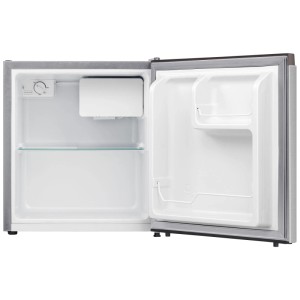 Frigorifero freestanding Severin KB8878 aperto in acciaio inox/argento, 45 l, con interno e scomparti.
