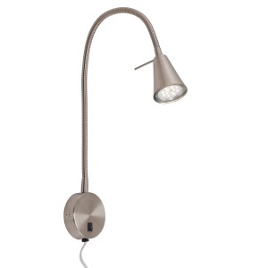 Lampada da parete a LED color nickel opaco con braccio flessibile e attacco GU10, ideale come lampada da comodino.