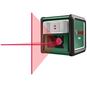 Niveau laser croix Bosch Quigo projetant des lignes laser rouges pour un alignement précis.