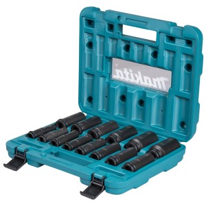 Jeu de douilles à choc Makita Impact Black, 14 pièces dans un coffret turquoise.