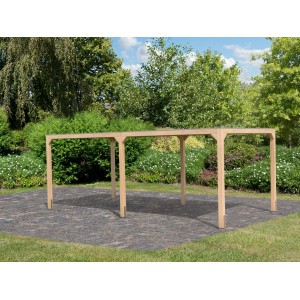 Ensemble de pavillon Karibu Fyrkant, finition naturelle, avec extension dans le jardin.