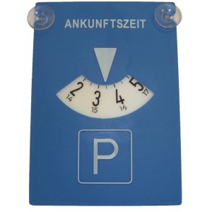 Blaue Parkscheibe mit Saugnäpfen und 24-Stunden-Anzeige zur Anbringung im Auto.
