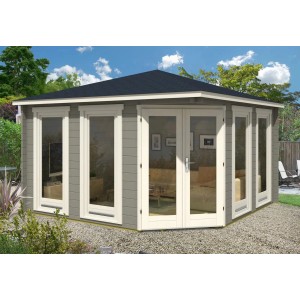 Alpholz Casetta da giardino Maja a 5 lati con tetto a punta, impregnata, 425x425 cm. Casetta da giardino in legno con molte finestre.