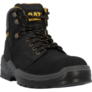 Stivale di sicurezza nero Cat Striver taglia 40 in pelle con puntale in acciaio e logo giallo.