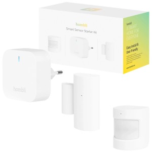 Hombli Smart Bluetooth Sensor Kit, 3er-Set: Bridge, Kontakt- und Bewegungsmelder in Weiß.