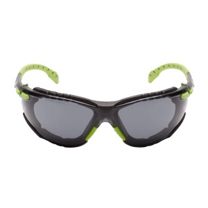 Lunettes de protection 3M Premium Solus avec verre gris et monture vert-noir pour une protection oculaire optimale.