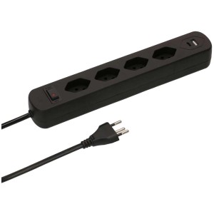 Schwarze Steckdosenleiste mit 4 T13-Steckdosen, USB-A/C und 1,5 m Kabel für den Innenbereich.