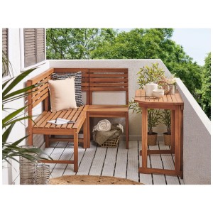 Set mobili da balcone Beliani Treia, 4 posti in legno di acacia marrone, con tavolo e sedute modulari.
