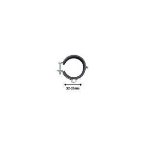Collare di supporto insonorizzato, Ø 32-35 mm, in acciaio zincato con inserto in gomma e perno filettato.
