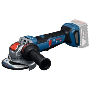 Bosch Professional Akku-Winkelschleifer GWX 18V-11PS Solo, blau/schwarz, mit Schleifscheibe und Zusatzhandgriff.