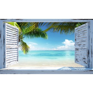 Quadro da parete finestra sulla spiaggia, 118x70 cm, con vista mare turchese e palme.