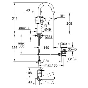 Disegno tecnico del miscelatore per lavabo Grohe Start Loop L-Size con dimensioni