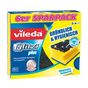 Vileda Glitzi Plus Spugne abrasive, confezione da 6: Spugne abrasive antibatteriche per cucina e pulizia della casa.