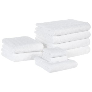 Ensemble de serviettes blanches Beliani Mitiaro, 9 pièces en coton éponge avec motif zigzag.