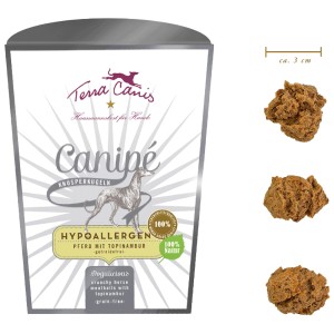 Terra Canis Canipe snack per cani al cavallo, crocchette ipoallergeniche in sacchetto e singole.