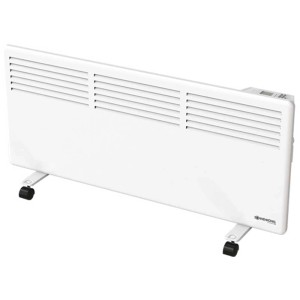 Weißer Sonnenkönig Konvektor Slim E 2000, ein flaches, elektrisches Heizgerät mit Rollen.
