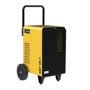 Déshumidificateur Güde GBT 50.1 jaune et noir, un outil de construction avec une haute performance de déshumidification et une poignée de transport.