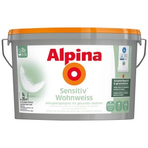Secchio di Alpina Sensitiv Wohnweiss, 5 litri, pittura murale bianca per interni per soggetti allergici, massima opacità.