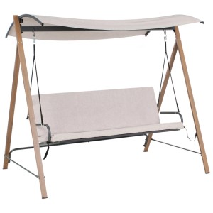 Dondolo Hollywood Bonagia beige in acciaio effetto legno con tettuccio parasole regolabile per 3 persone.