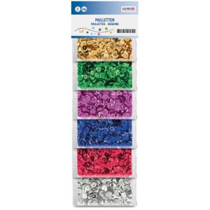 Paillettes lucide in 6 colori (oro, verde, viola, blu, rosso, argento) per lavori creativi e decorazioni.