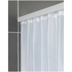 Barre de douche télescopique Wenko Era blanche en aluminium avec rideau de douche. Extensible de 75 à 125 cm.