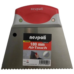 Spatule crantée Nespoli Airtouch, 180 mm, acier inoxydable. Spatule trapézoïdale premium pour peinture et tapisserie.
