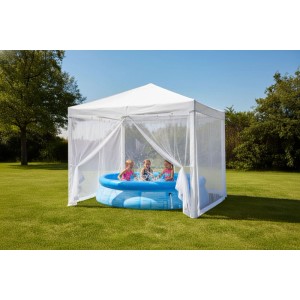 Tente de jardin Starlyf Gazebo blanche 3x3m avec moustiquaire et enfants jouant dans la piscine.