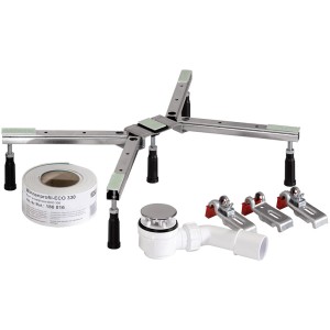 Kit universel pour receveur de douche : support, garniture de vidage, brides de fixation et bande d'insonorisation.