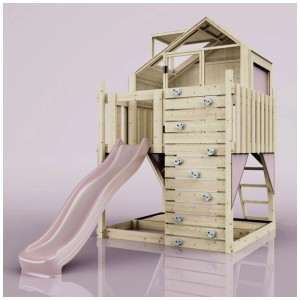 Cabane sur pilotis OutdoorToys Meteorit en bois avec toboggan rose et mur d'escalade.