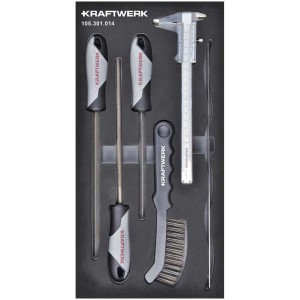 Set lime Kraftwerk, 6 pezzi con lime, spazzola metallica, righello in acciaio e calibro in inserto per utensili.