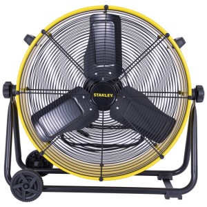 Ventilateur industriel Stanley jaune et noir Ø 61 cm avec roues et grille de protection.