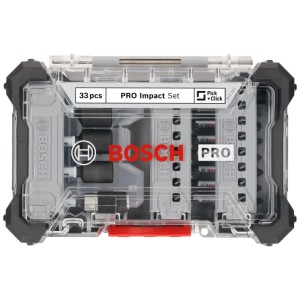 Set di inserti per avvitatura Bosch Professional PRO Impact da 33 pezzi in custodia trasparente.