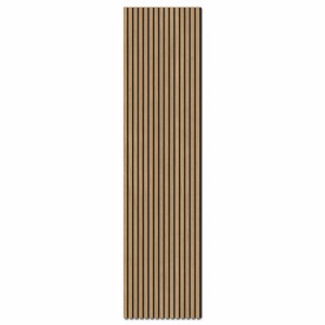 Pannello acustico in rovere naturale, rivestimento murale con listelli in legno su feltro nero per una migliore acustica.