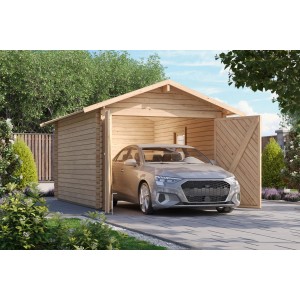Karibu Blockbohlengarage aus Holz, 28 mm, mit geöffnetem Tor und Auto davor.